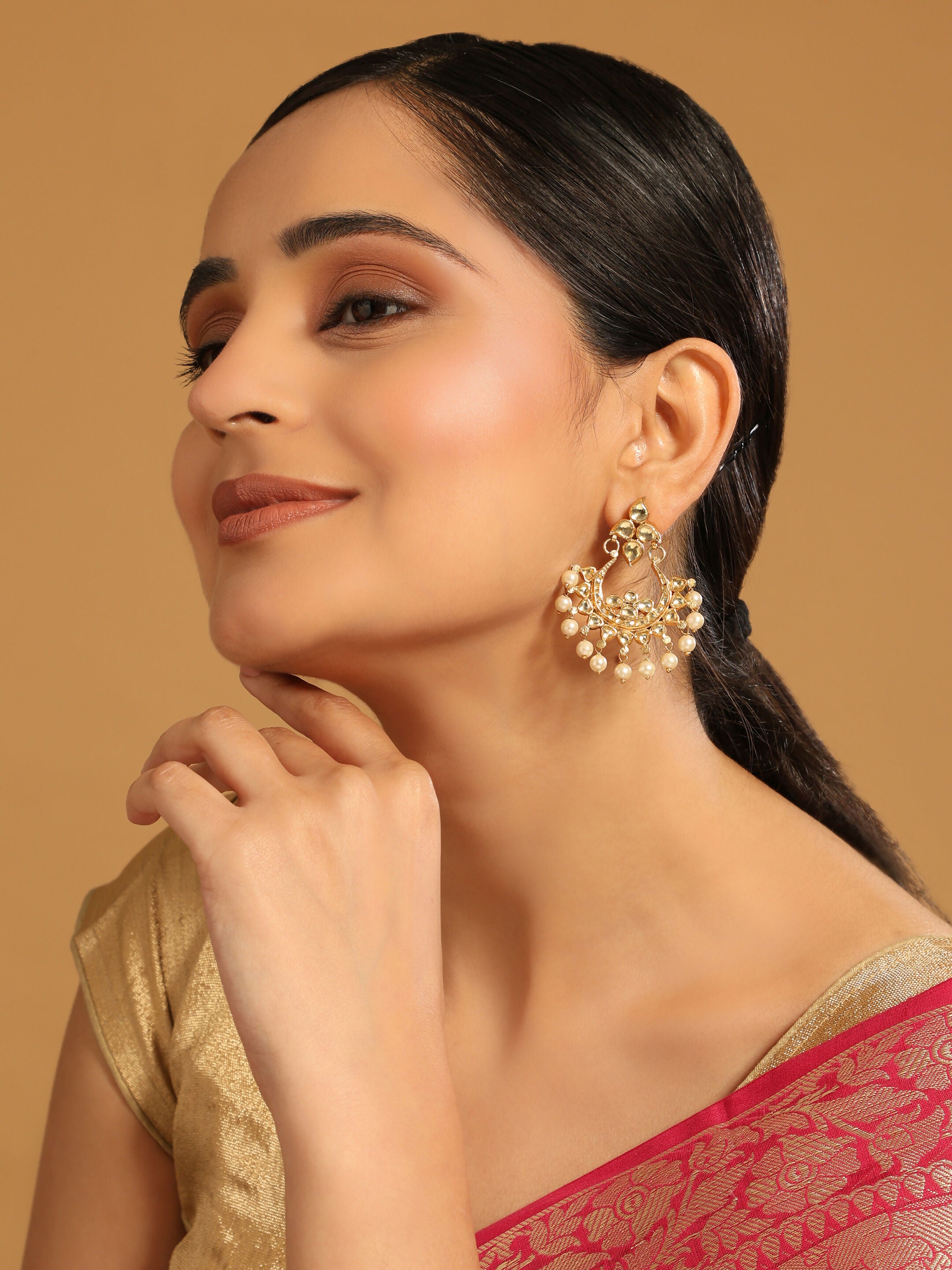 Nuyug 18k Gold-Plated American Diamonds Studded Contemporary Shaped Dangler Earrings