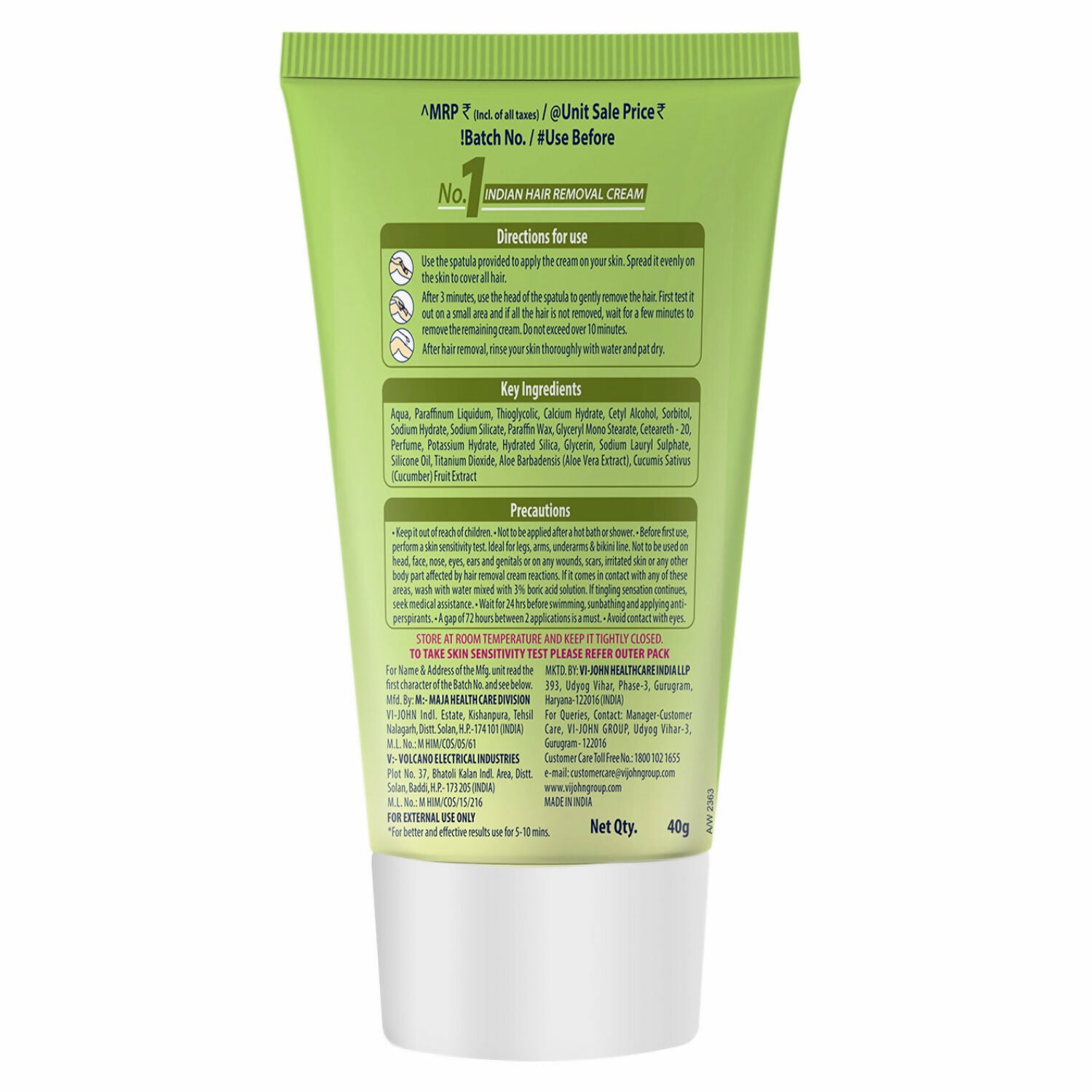 VI-JOHN Feather Touch Cucumber & Aloevera Hair Removal Cream for Women for Sensitive Skin Suitable for Legs, Underarms, Bikini Line, Arms