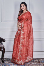 Thumbnail for Morchari Red Kota Check Zari Embroidery Saree Unstitched Blouse