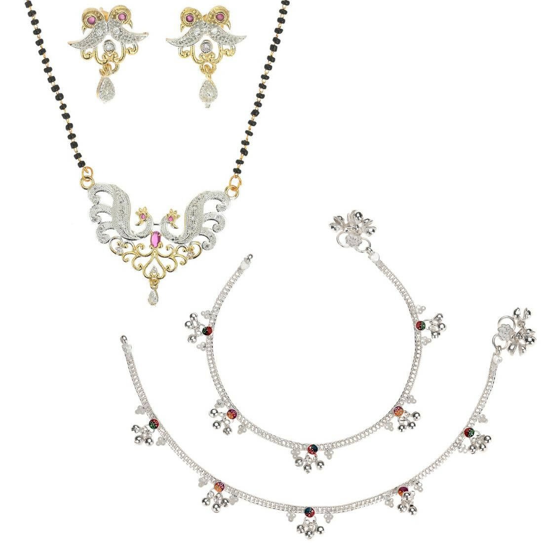 AanyaCentric Gold-plated Mangalsutra Pendant Earring Set & Silver Plated Anklet - Distacart