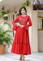 Thumbnail for Kaajh Women's Red Mirror Embroidered Cotton Ethnic Dress - Distacart