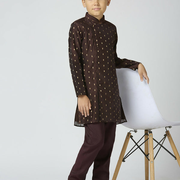 Joban Fashion Kids Island Full Sleeves Chanderi Kurta, Pyjama Set with Traditional Butta Work - Brown - Distacart