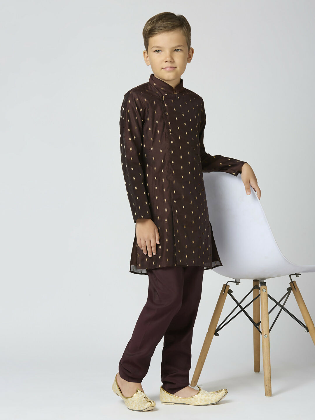 Joban Fashion Kids Island Full Sleeves Chanderi Kurta, Pyjama Set with Traditional Butta Work - Brown - Distacart