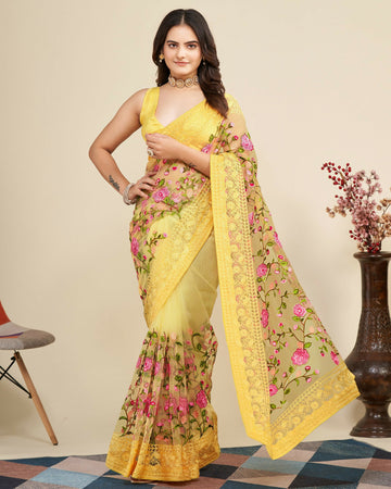 Teeya Creation Womens Latest Stylish Party Wear Soft Net Saree-Yellow - Dista