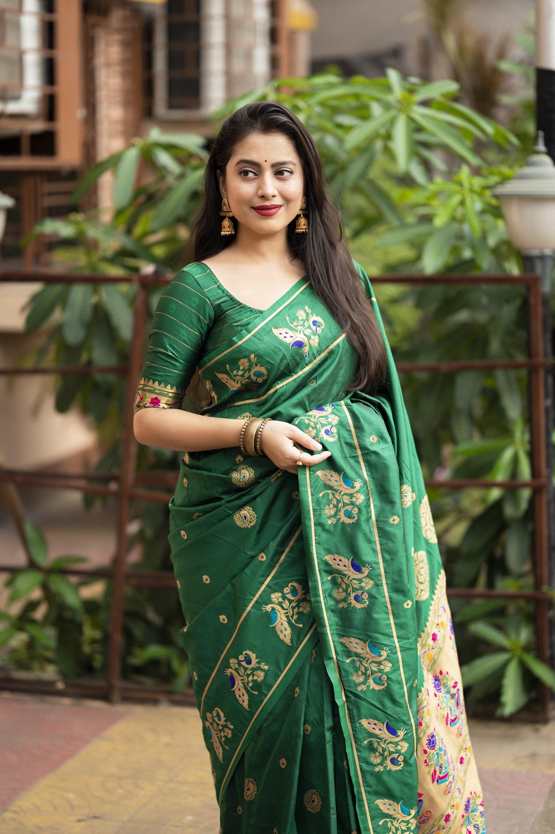Green Pure Silk Woven Design Saree with Unstitched Blouse - Hiral Fashion - Distacart