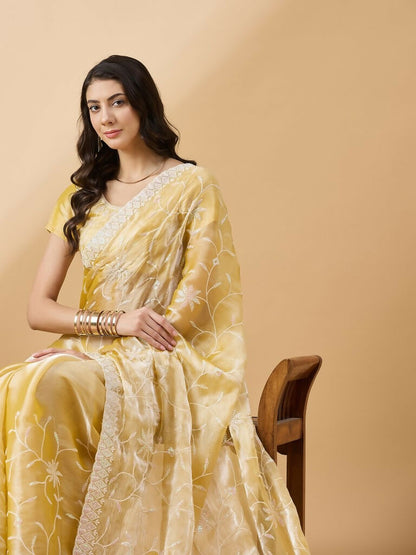 Yellow Tissue Slub Embroidered Saree with Unstitched Blouse - Vairagi - Distacart