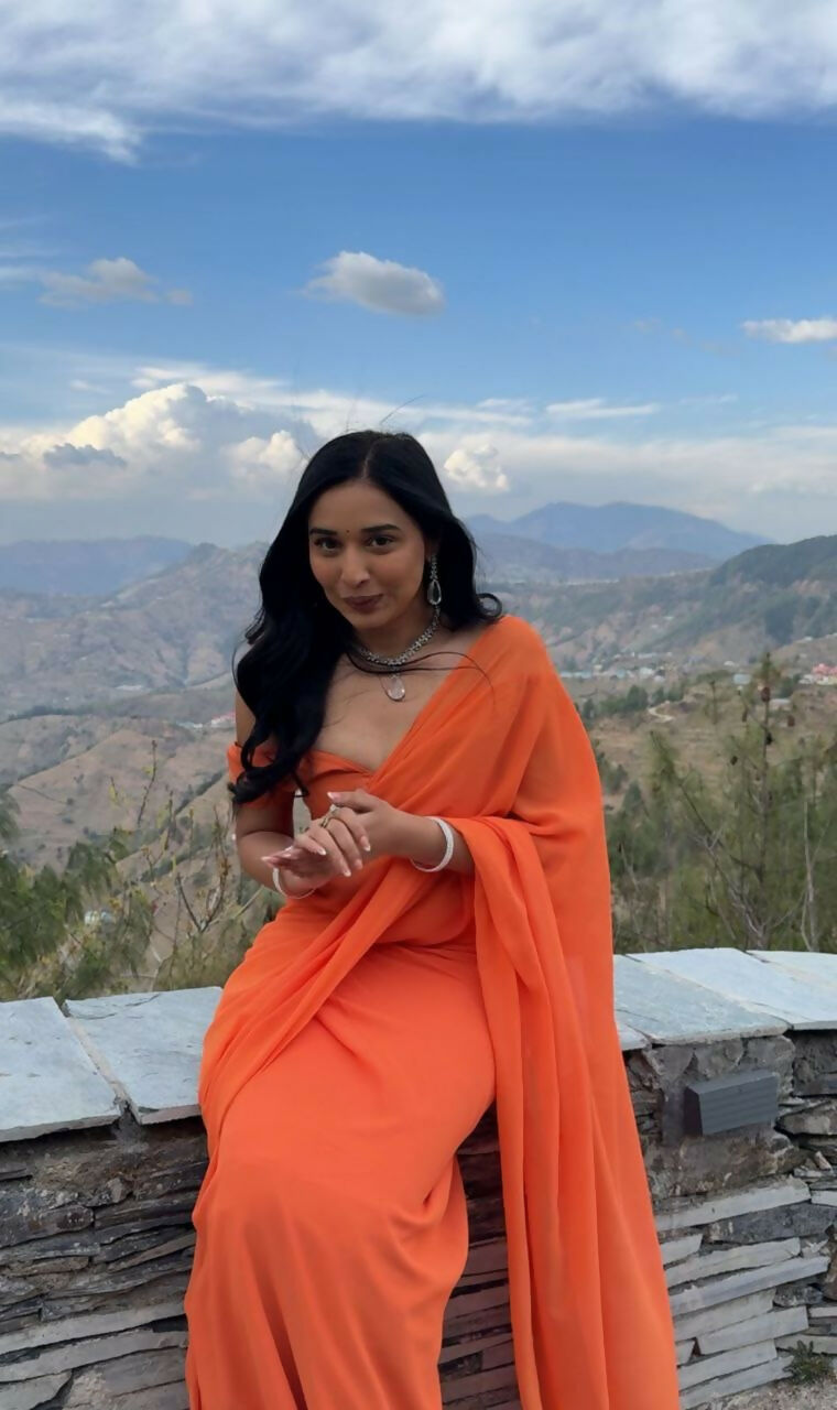 Malishka Georgette Printed Ready To Wear Saree With Blouse Piece - Orange - Distacart
