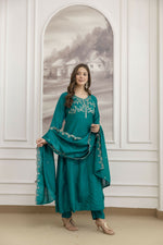 Thumbnail for The52 Rama Women's Beautiful Vichitra Silk Fabric Embroidered Work Flared Anarkali Pant and Dupatta Set - Distacart
