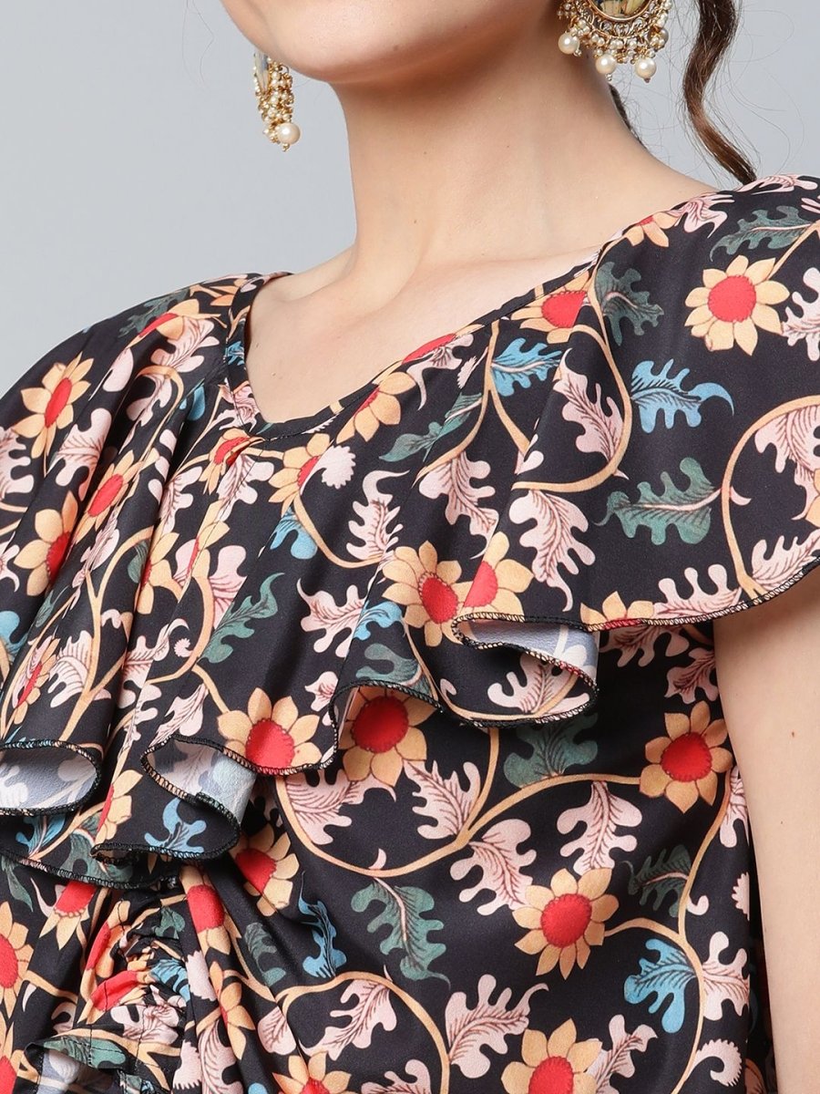 Ahalyaa Women Black Crepe Digital Print Top with Palazzo Set - Distacart