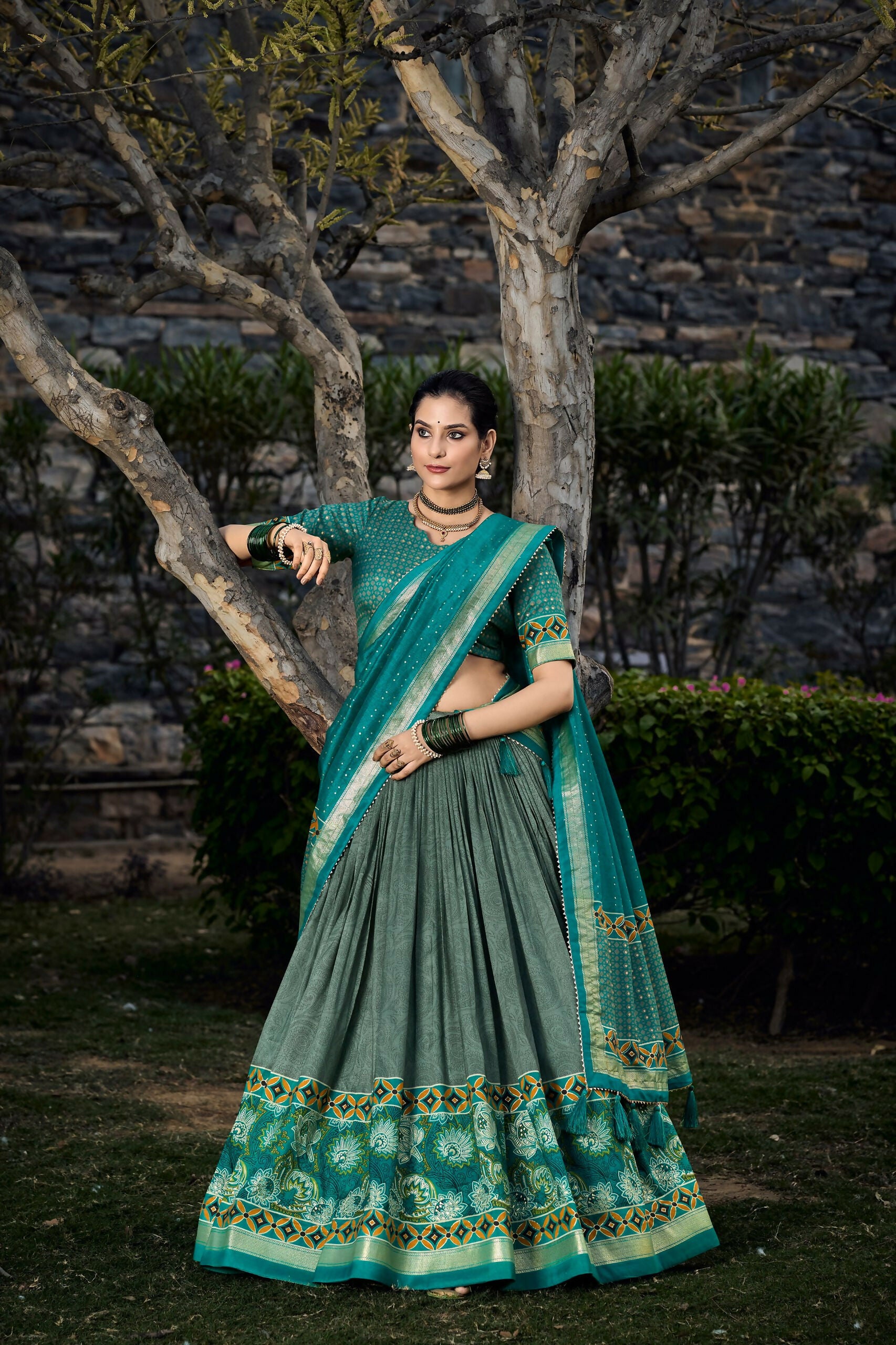 Vastranavya Floral Print With Foil Print Tussar Silk Lehenga With Unstitched Blouse - Sea Green - Distacart
