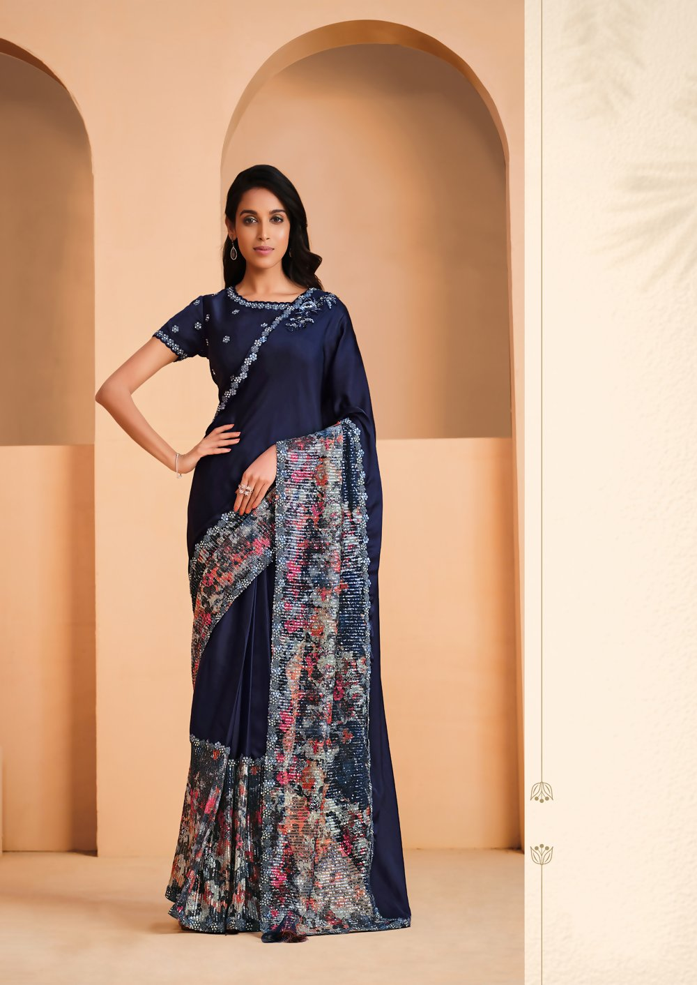 Navy Blue Satin Crepe Silk Embroidery with Digital Sequence Work Saree - Norita Helly - Distacart