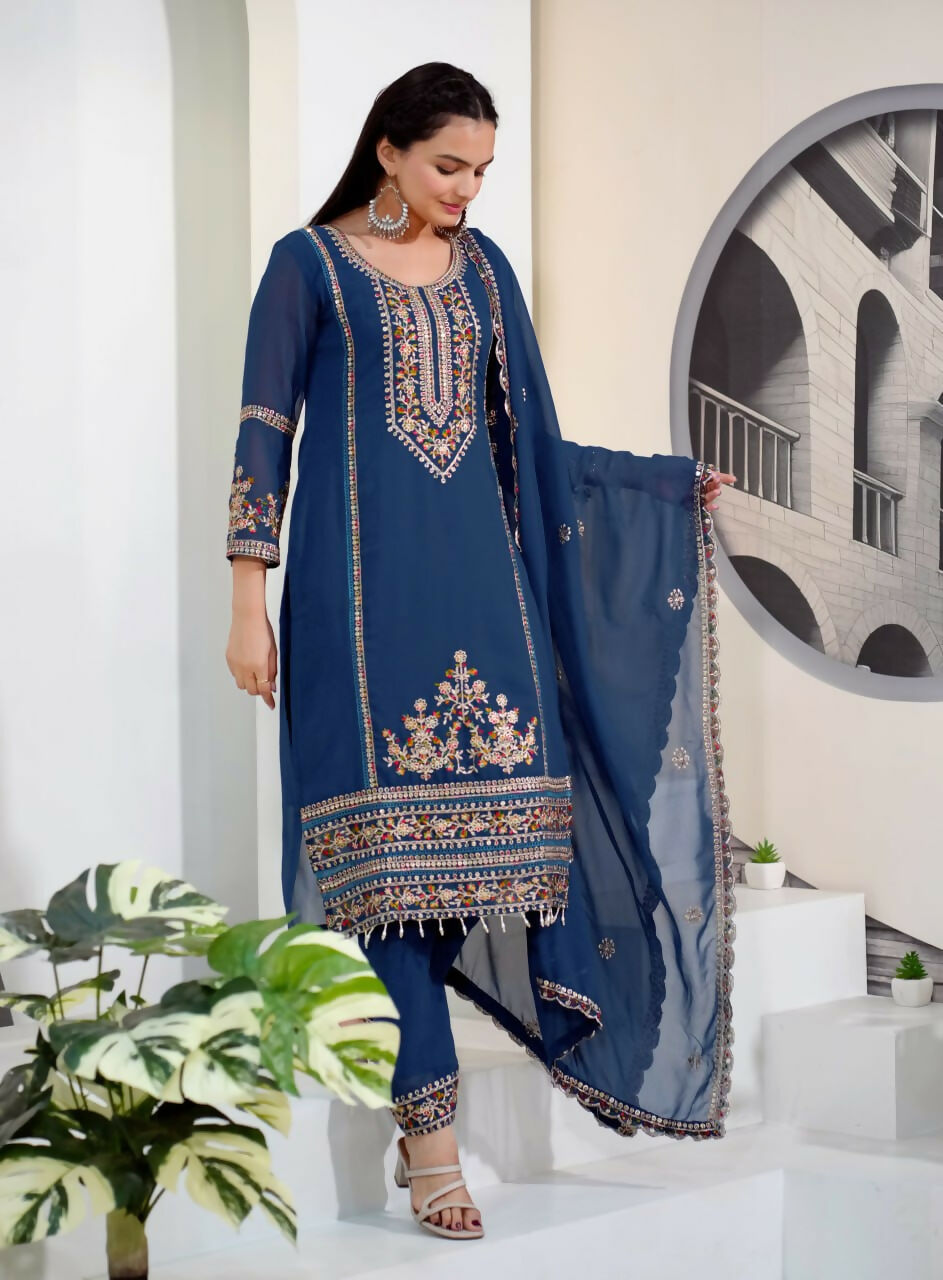 Teeya Creation Blue Color Faux Georgette Embroidery Work Party Wear Salwar Suit - Distacart