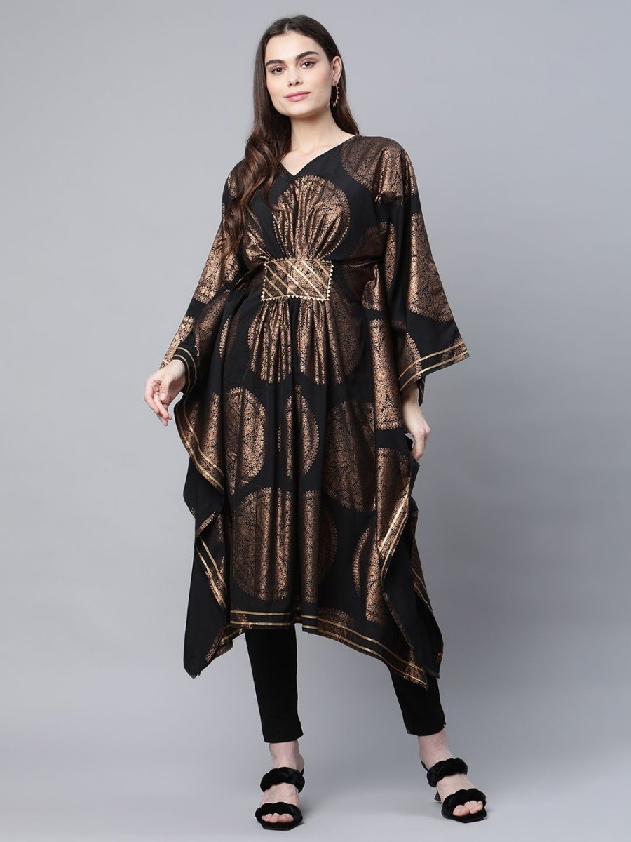 Ahalyaa Women Black Crepe Copper Foil Printed Flared Sleeve Kaftan Kurta - Distacart