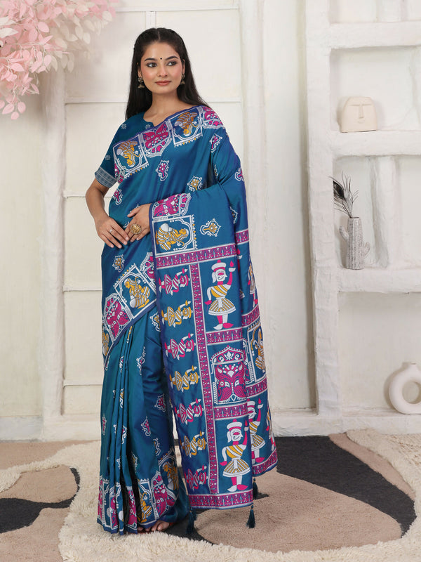 Astita Silk Blend Teal Blue Saree