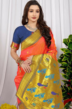 Thumbnail for Jyoti Fashion Women's Orange Paithani Silk Zari Woven Saree with Blouse - Distacart