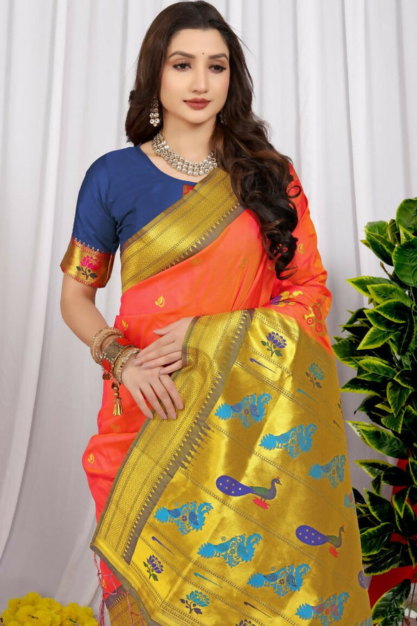 Jyoti Fashion Women's Orange Paithani Silk Zari Woven Saree with Blouse - Distacart