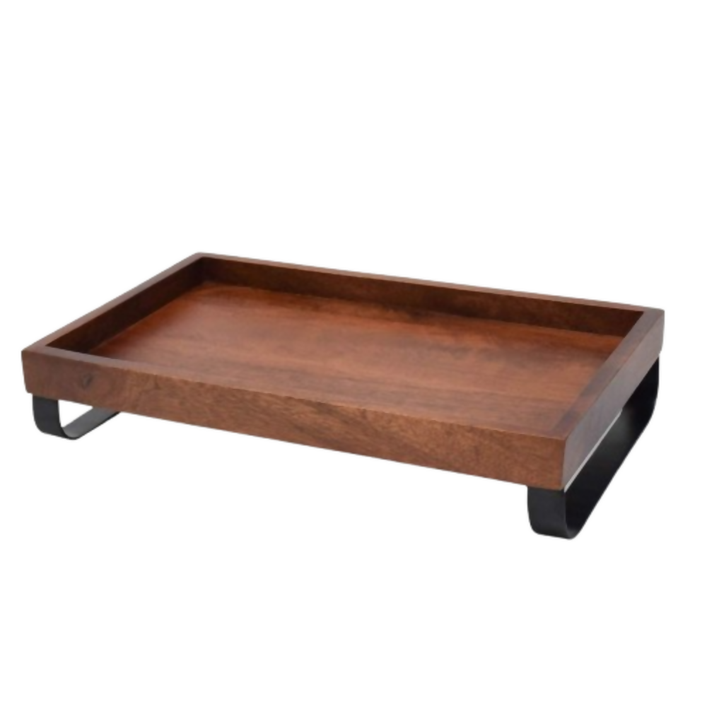 Brick Brown Premium Wooden Serving Tray/Platter with Black Metal Stand - Dista