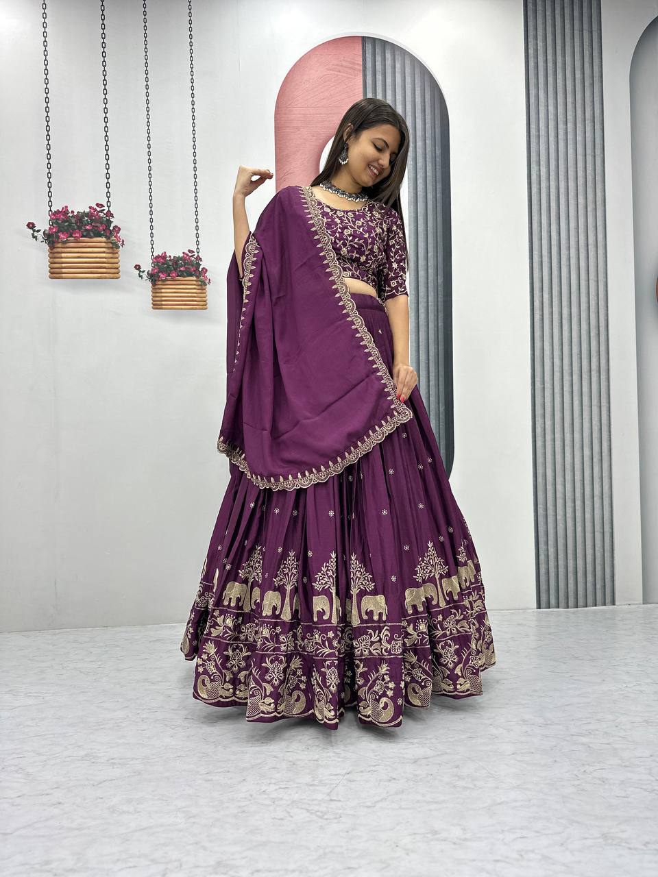 Teeya Creation Wine Color Chinon Silk Embroidery Work Fully Stitched Lehenga Choli - Distacart