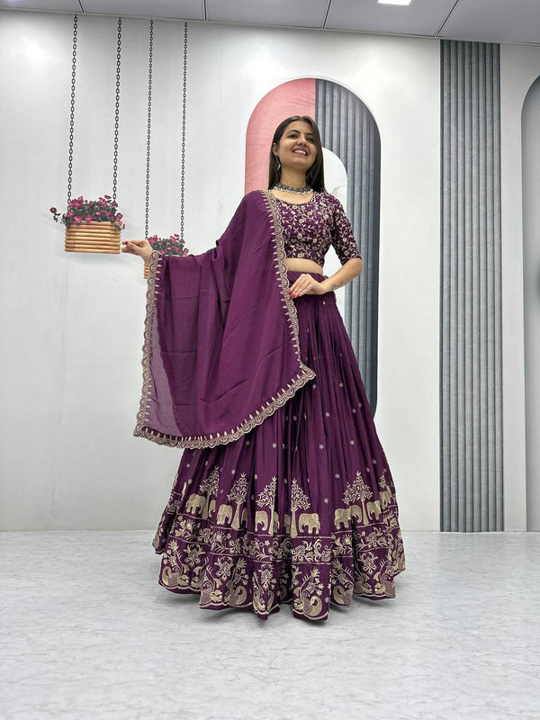 Teeya Creation Wine Color Chinon Silk Embroidery Work Fully Stitched Lehenga Choli - Distacart