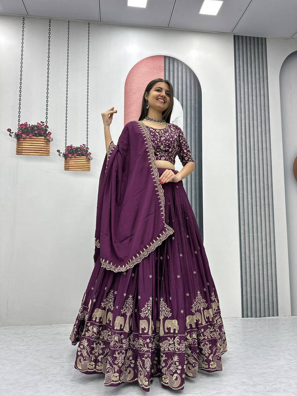 Teeya Creation Wine Color Chinon Silk Embroidery Work Fully Stitched Lehenga Choli - Distacart