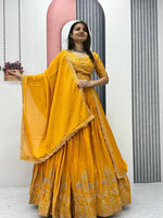 Thumbnail for Teeya Creation Yellow Color Chinon Silk Embroidery Work Fully Stitched Lehenga Choli - Distacart