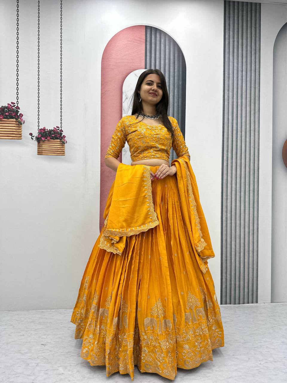 Teeya Creation Yellow Color Chinon Silk Embroidery Work Fully Stitched Lehenga Choli - Distacart