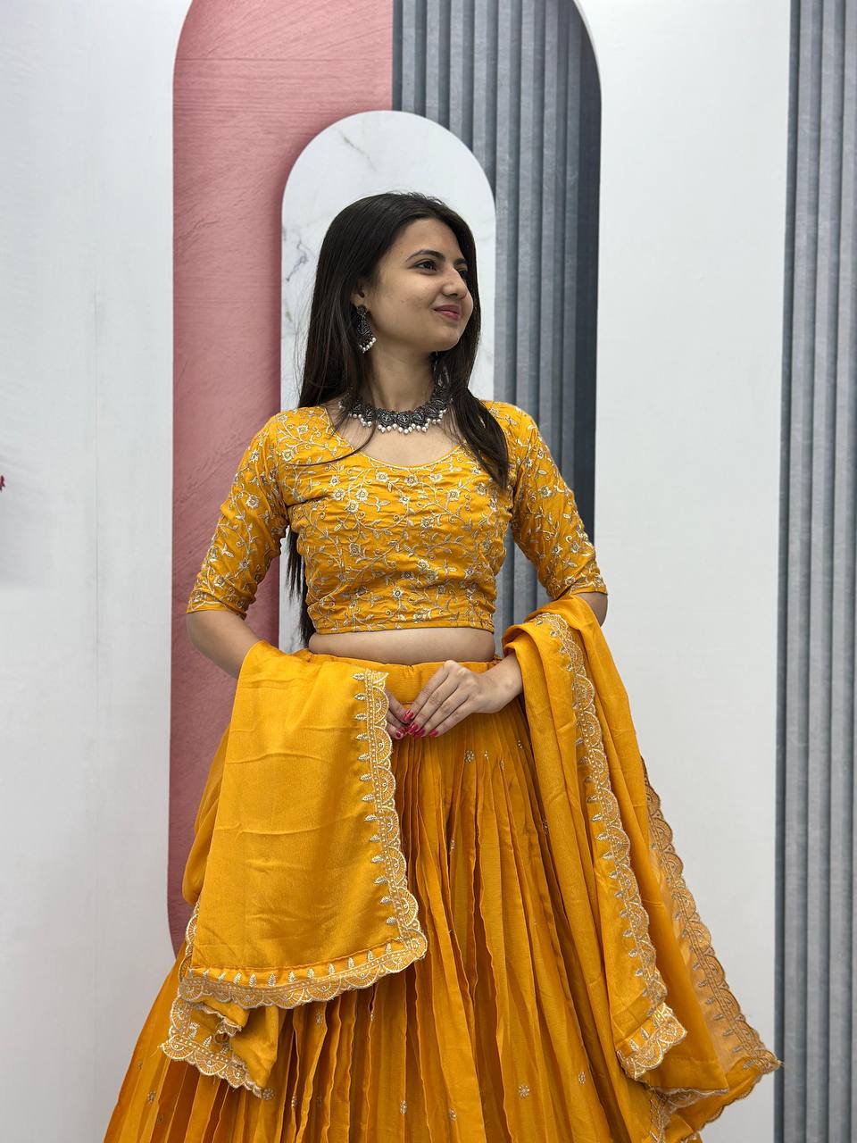 Teeya Creation Yellow Color Chinon Silk Embroidery Work Fully Stitched Lehenga Choli - Distacart