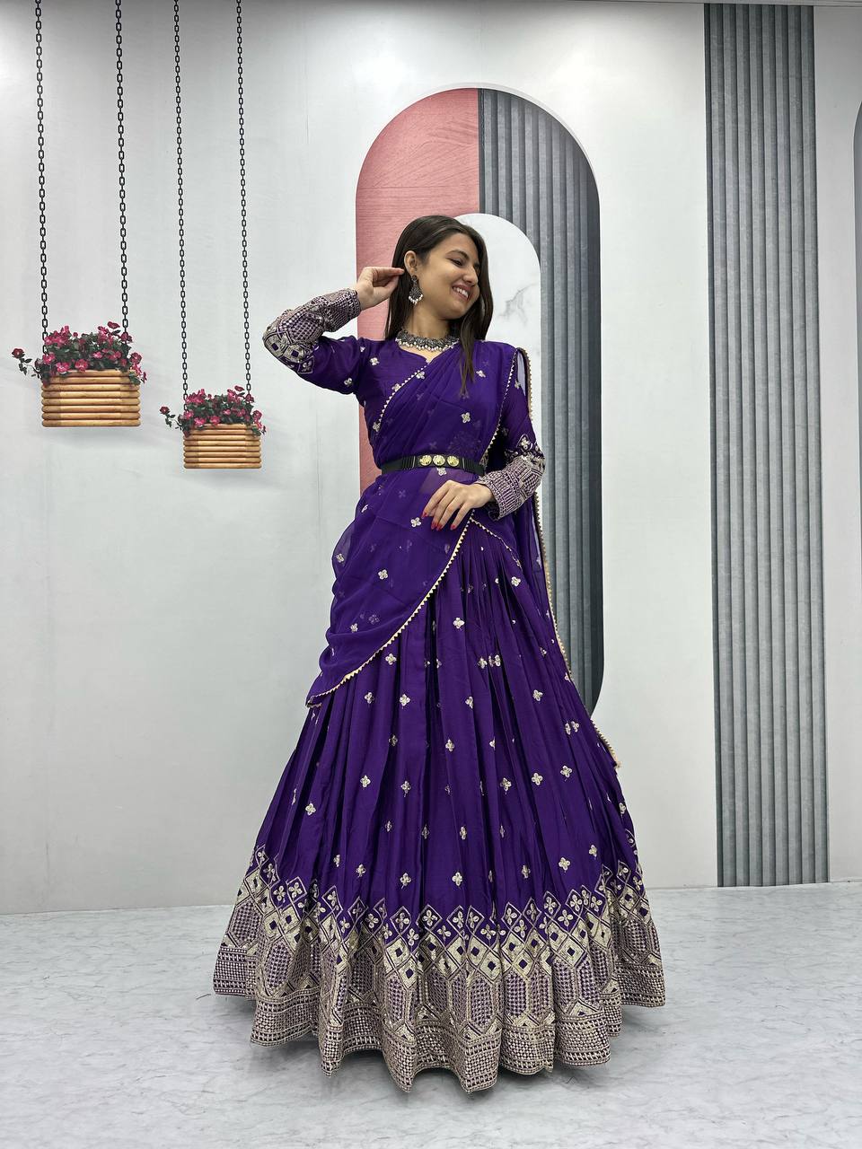 Teeya Creation Purple Color Chinon Silk Embroidery Work Fully Stitched Lehenga Choli - Distacart