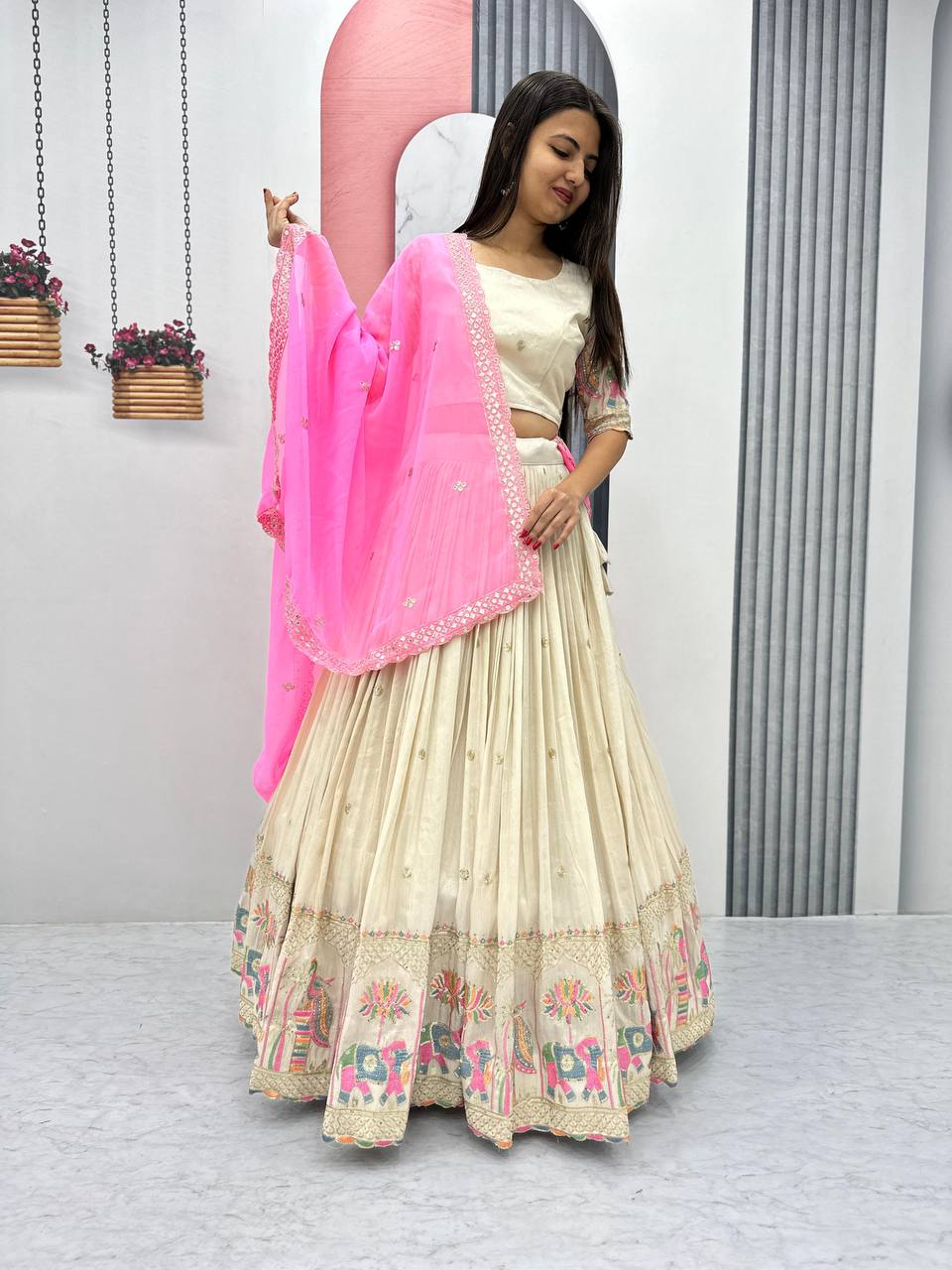 Teeya Creation Cream Color Banarasi Silk Heavy Embroidery Work Fully Stitched Lehenga Choli - Distacart