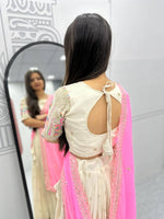 Thumbnail for Teeya Creation Cream Color Banarasi Silk Heavy Embroidery Work Fully Stitched Lehenga Choli - Distacart
