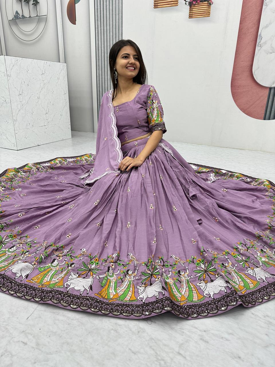 Teeya Creation Lavender Color Chinon Silk Heavy Embroidery Work Fully Stitched Lehenga Choli - Distacart