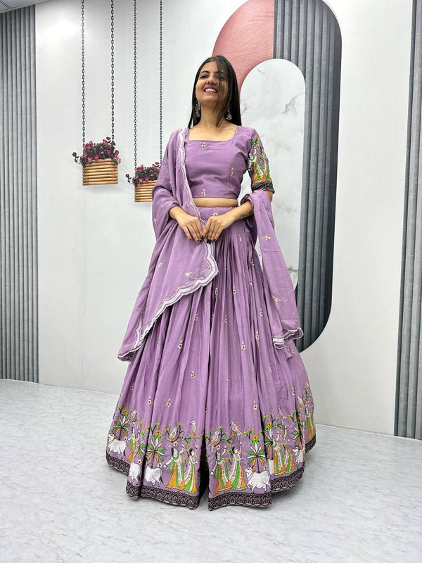 Teeya Creation Lavender Color Chinon Silk Heavy Embroidery Work Fully Stitched Lehenga Choli - Distacart