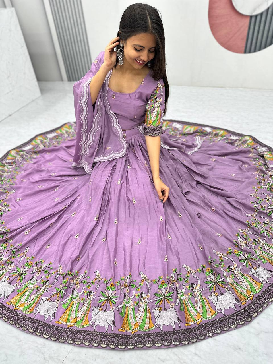 Teeya Creation Lavender Color Chinon Silk Heavy Embroidery Work Fully Stitched Lehenga Choli - Distacart