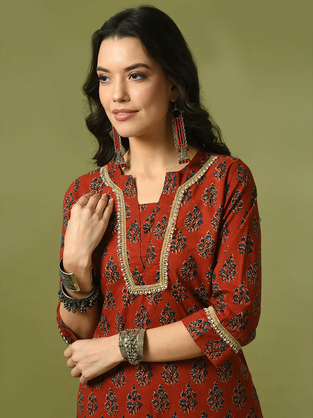 Myshka Women's Rust Printed Cotton Straight Party Kurta Set - Distacart