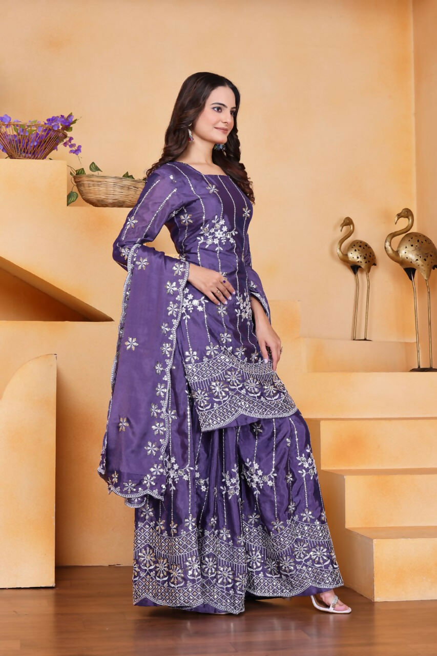 Teeya Creation Lavender Color Chinon Silk Wedding Wear Trending Palazzo Set - Distacart