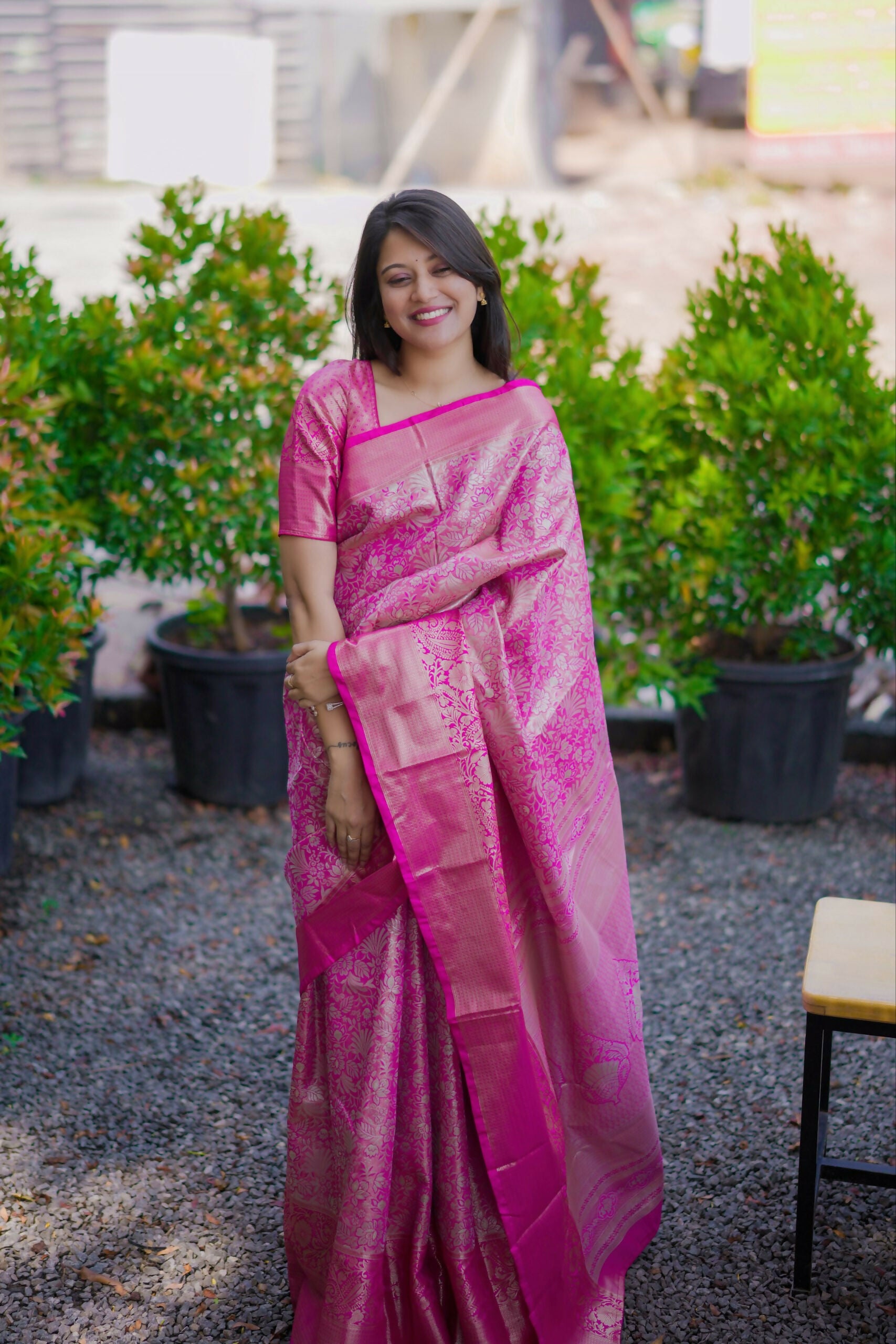 Prime Volt Bridal Kanchipuram Silk Saree with Rich Zari Weaving & Contrast Border-Pink - Dista