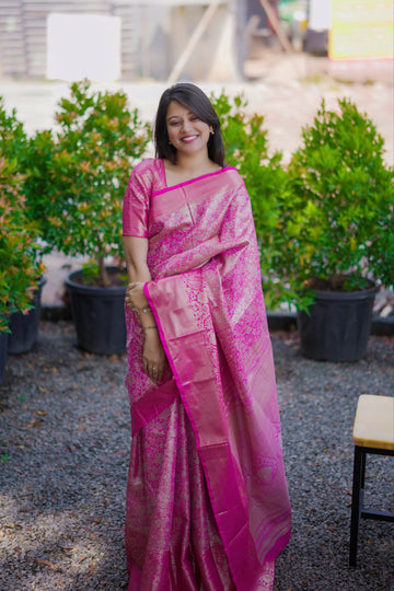 Prime Volt Bridal Kanchipuram Silk Saree with Rich Zari Weaving & Contrast Border-Pink - Dista