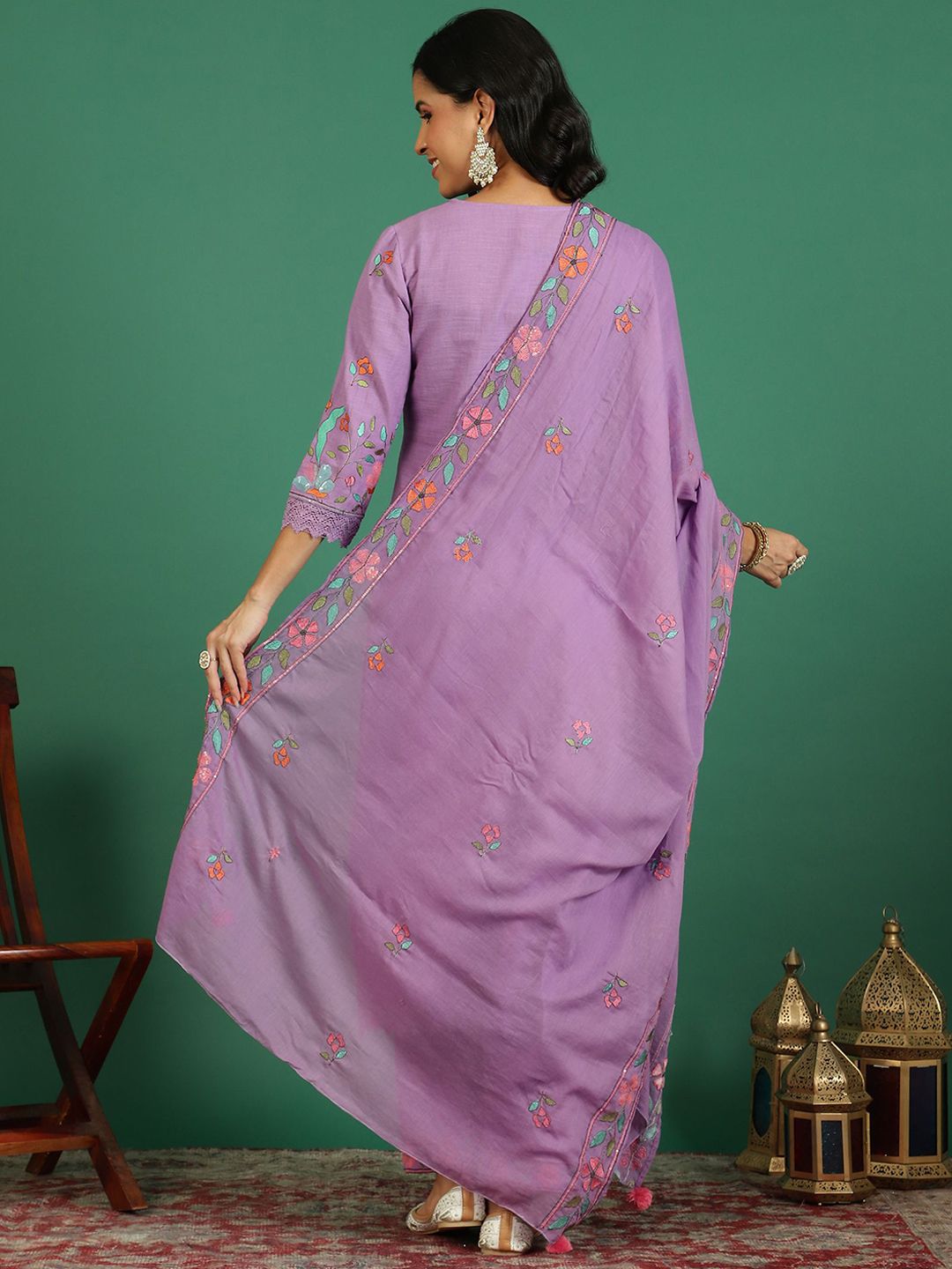 Sangria Embroidered V- Neck Kurta & Trousers With Dupatta