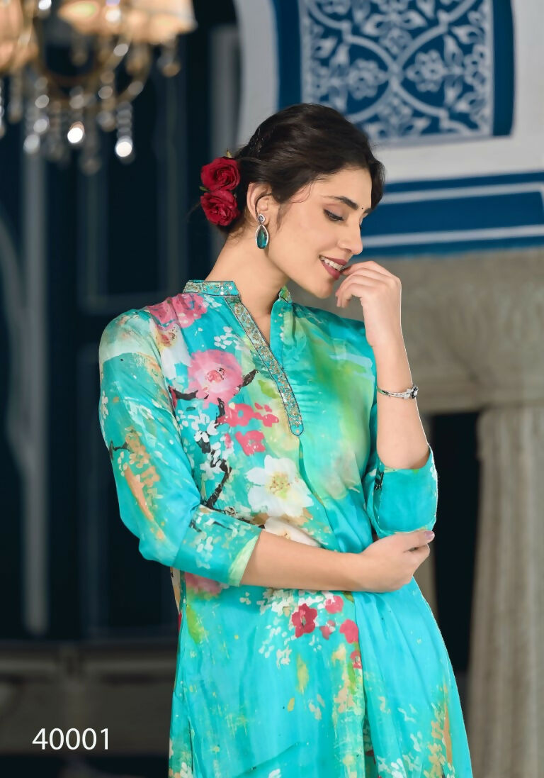 Designer Stylish Sky Pure Muslin Stitched Suit - Apoorva - Distacart