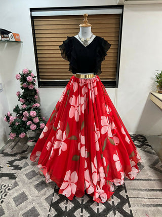 Dishitha Creation Floral Printed Stitched Lehenga & Crop Top - Black & Red - Distacart