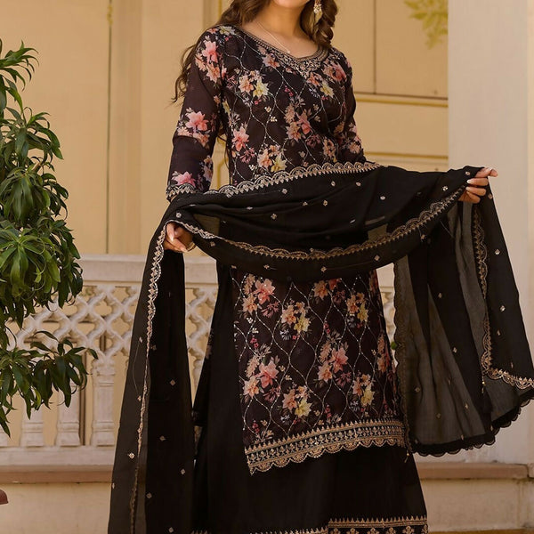 The52 Black Women's Gorgeous Embroidered Chinon Fabric Straight Kurta Palazzo and Dupatta Set - Distacart