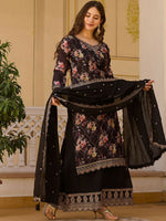 Thumbnail for The52 Black Women's Gorgeous Embroidered Chinon Fabric Straight Kurta Palazzo and Dupatta Set - Distacart