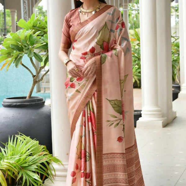 Vishnu Weaves Women's Coffee Satin Silk Printed Saree with Blouse