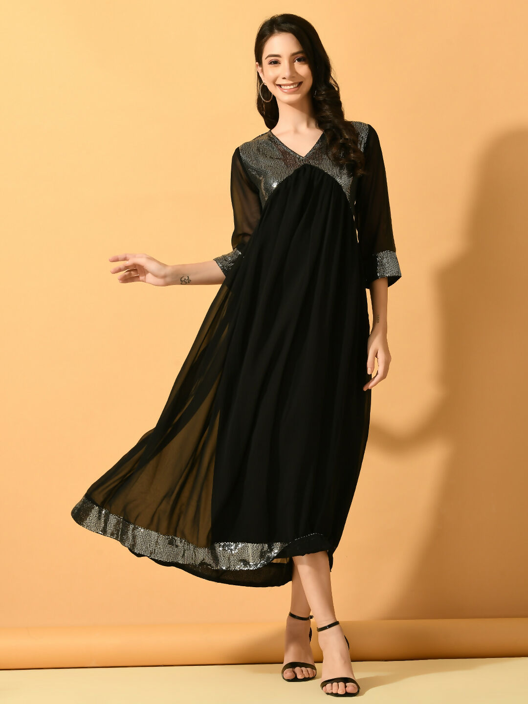Myshka Women's Black Fit and Flare Party Dress - Distacart