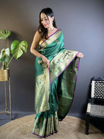 Thumbnail for Joban Fashion Green Striped With Floral Motifs Soft Silk Leheriya Saree