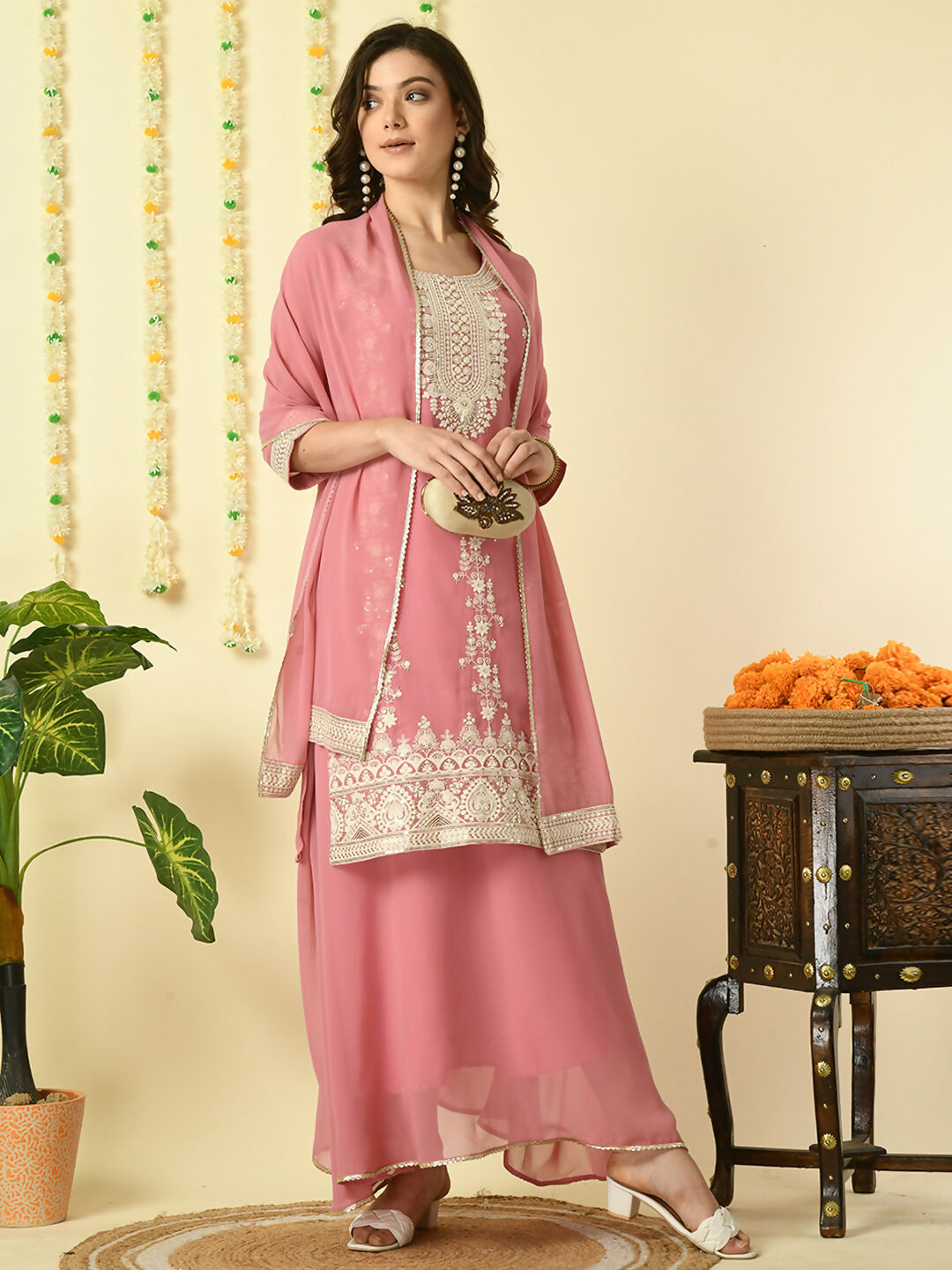 Myshka Women's Pink Georgette Kurta & Skirt With Dupatta Party Sets - Distacart