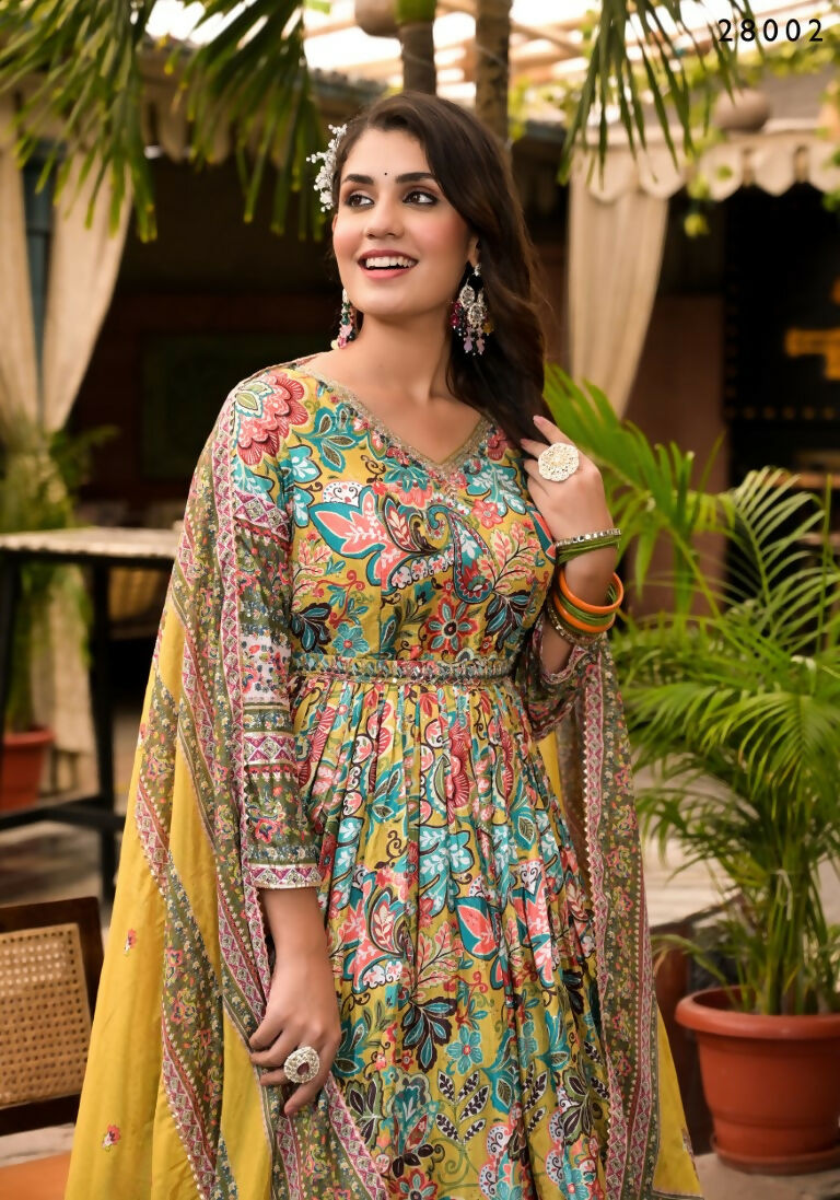 Wedding Designer Multi Soft Dola Silk Anarkali suit with Dupatta - Sanj - Distacart