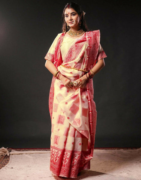 Joban Fashion Cream Silk Woven Durga Puja Saree