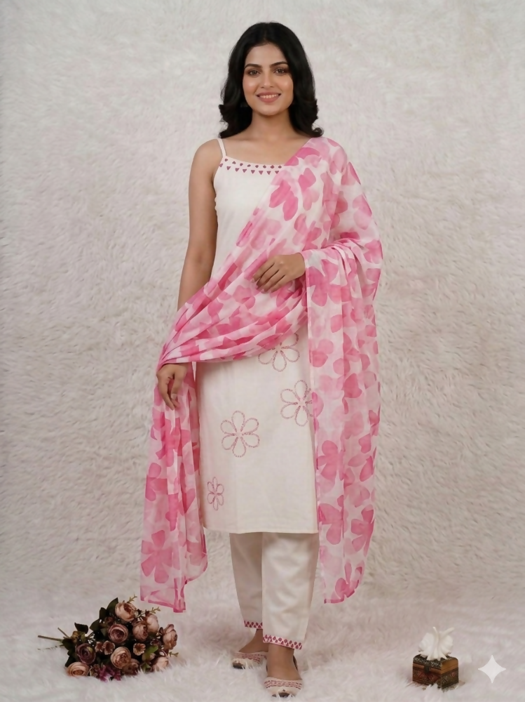 Teeya Creation Women’s Straight Cotton Kurta Pant Set with Floral Organza Dupatta Set - Dista