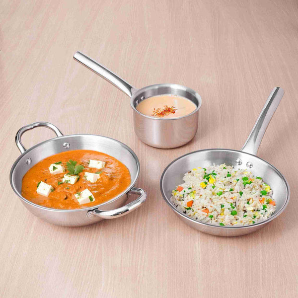 The Indus Valley TurboCuk Tri-ply Stainless Steel Cookware Set: 2.2L Kadai+ 1.4L Frypan+  1.2L Tea/Milk pan, Premium Quality, 3 Layer Thick Body, 100% Toxin-free, Non-stick, Induction & Gas